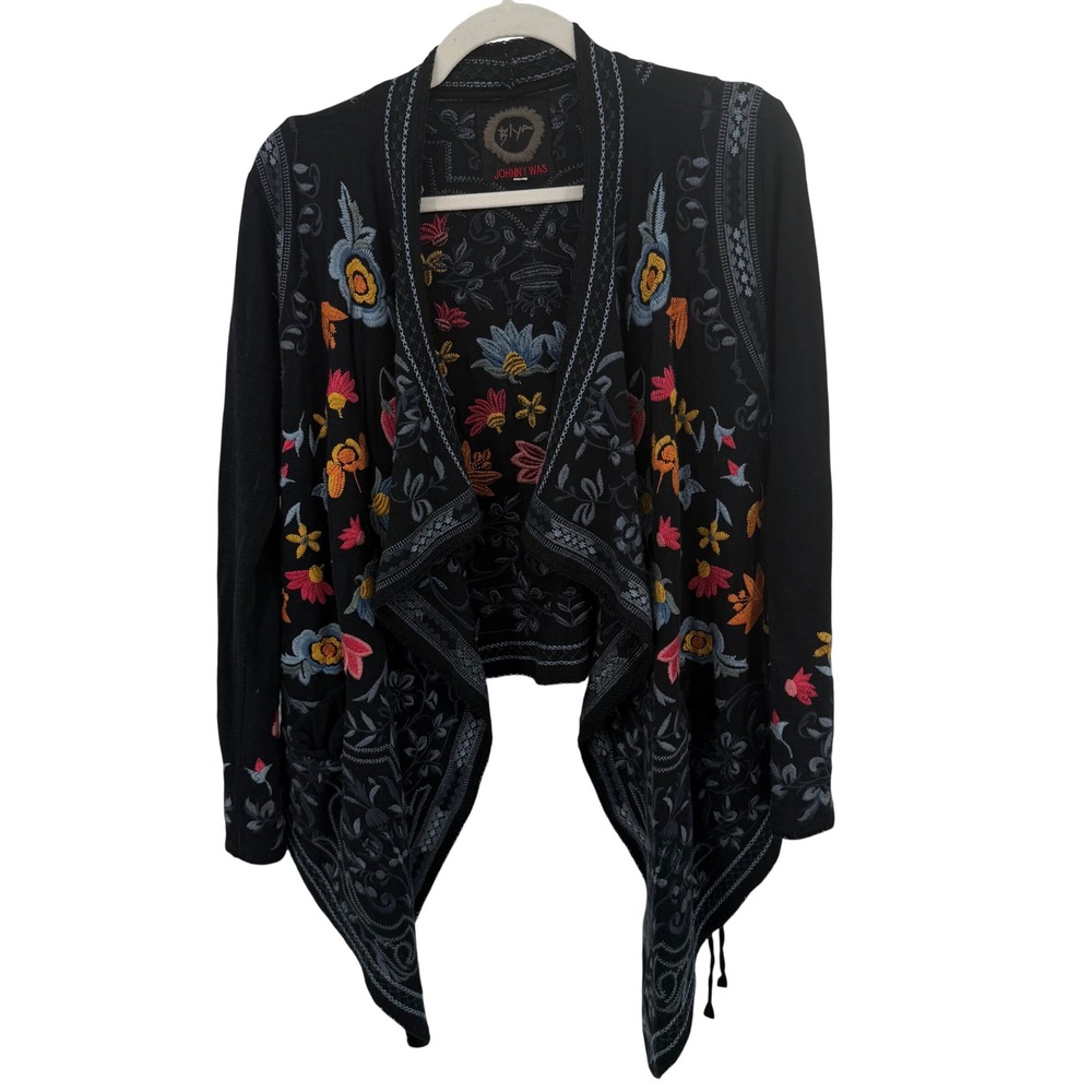 Johnny Was Biya Cardigan Womens S Black Embroidered Draped Open‎ Front B50918-3